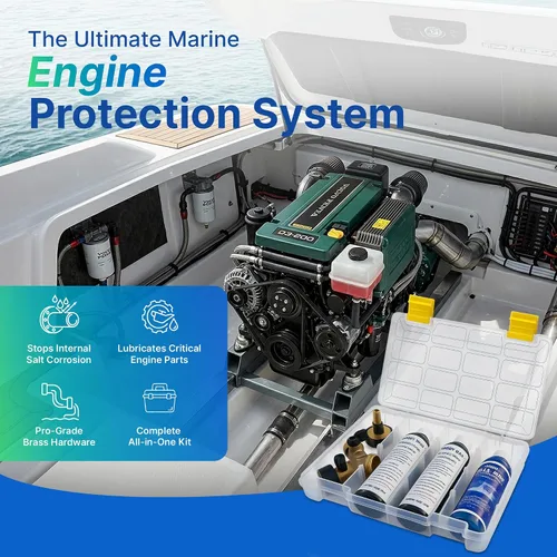 Vista 2 de Kit de descarga de motor marino, restaurador de metal interno y bloqueador de corrosión de agua salada, incluye jabón de barco, accesorio