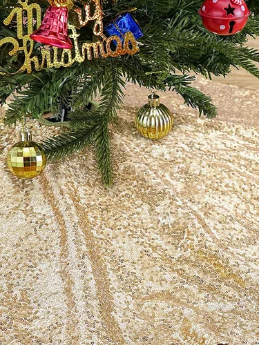 Vista 8 de Faldón para Árbol de Navidad 24 Pulgadas Redondo de Champán, Faldón Pequeño para Árbol de Navidad, Adornos de Navidad Lentejuelas para Fiesta de Año