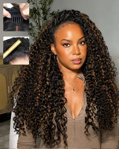 Vista 11 de FB30 - Peluca de cabello humano rizado birmano ombré con reflejos, densidad del 180 %, sin pegamento, con cordón para llevar y llevar, con extremos