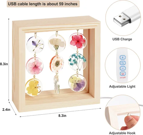 Vista 4 de SMUK Lámpara de mesa LED de flores secas, hecha a mano, estética, de 3 vías, regulable, decorativa, con marco de madera, para dormitorio, sala