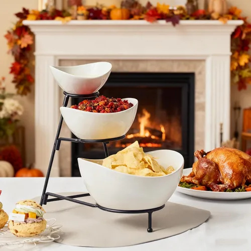 Vista 8 de Gomakren - Juego de cuencos ovalados de 3 niveles, soporte plegable de metal negro Multi-capacity porcelain bowls holiday party display, stable
