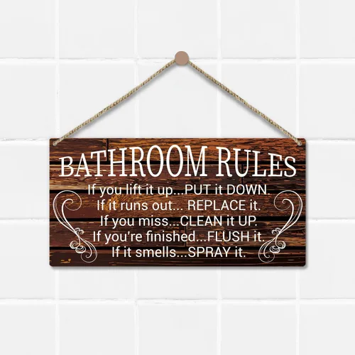 Vista 3 de Letrero de advertencia de reglas de baño, placa de madera impresa de 10 x 5 pulgadas, decoración de madera para colgar en la puerta, decoración