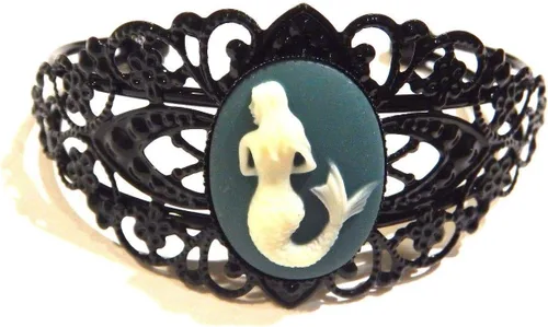 Vista 2 de Brazalete de filigrana de sirena de metal negro con diseño de sirena, color verde azulado, color marfil, Metal Metal pintura resina sintética