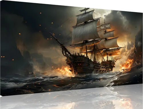 Vista 31 de TutuBeer 3 Piezas Arte de Pared Batalla Naval Barco Imagen Barco Pirata Velero Póster Barco Pirata Azul en Llamas Imagen Impresa en Lienzo Póster