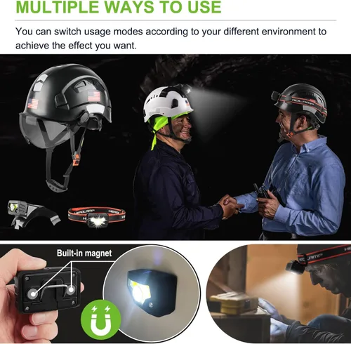 Vista 3 de GREEN DEVIL Casco de seguridad con luz recargable para faros delanteros y forro para casco, correa para barbilla, para hombre, ventilada