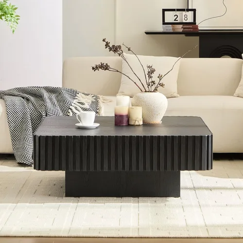 Vista 5 de Mesa de Centro Cuadrada de 35.43'' para Sala de Estar Mesa de Centro Acanalada Mesa Central Moderna con Pedestal para Apartamento Negro
