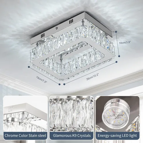 Vista 3 de Lámpara de techo de cristal de 10.2 pulgadas, mini candelabros rectangulares de 6500 K, luz de techo moderna de montaje empotrado, lámpara LED