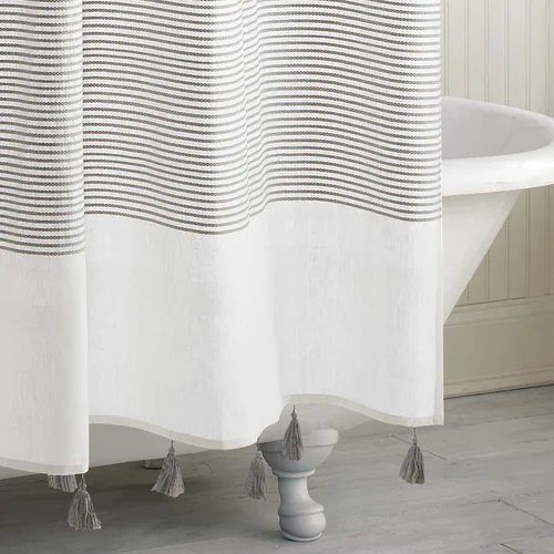 Vista 2 de Panama Stripe Cortina de ducha 100% tela de algodón para baño, de 72 x 72 pulgadas /182.88 x 182.88 cm. Borla estilo bohemio de granja, tela
