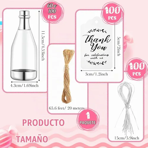 Vista 2 de Gerrii Juego de 60 piezas de contenedores para botellas de champán plateadas, mini botellas de caramelo de champán de plástico, frascos de caramelo