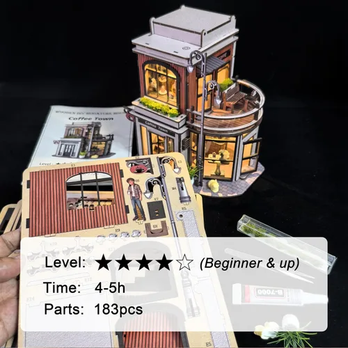 Vista 2 de Kit de rincón de libros de cafetería, rompecabezas de madera 3D para adultos con luces LED, decoración de casa de muñecas para escritorio