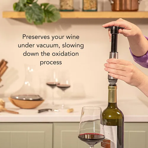 Vista 4 de Vacu Vin Bomba de ahorro de vino con 1 tapón al vacío, acero inoxidable, sello hermético para preservar la frescura hasta 10 días, reutilizable, a