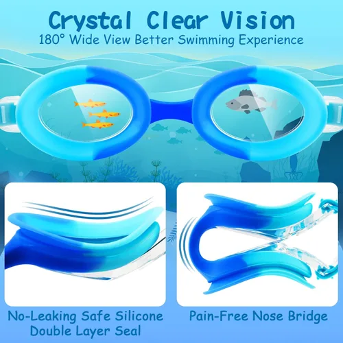 Vista 3 de COOLOO Gafas de natación para niños de 3 a 15 años, paquete de 2 gafas de natación para niños con cubierta para la nariz, sin fugas, antiniebla