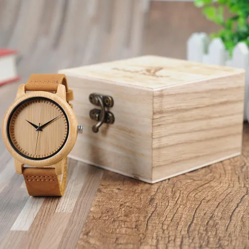 Vista 8 de BOBO BIRD Reloj de madera de bambú para hombre y mujer con correa de cuero de vaca marrón, relojes casuales de cuarzo analógico