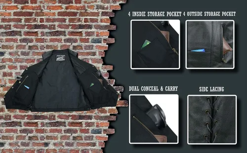 Vista 5 de EVENT LEATHER EL5391TALL - Chaleco de cuero negro para hombre, tallas altas con 10 bolsillos, chalecos de motocicleta para adultos