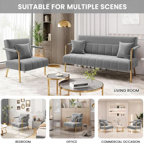 Vista 5 de Yaheetech Silla de Acento de Terciopelo de 30" de Ancho Sillón Grande con Marco Dorado y Almohada Cómoda para Sala de Estar, Dormitorio, Oficina