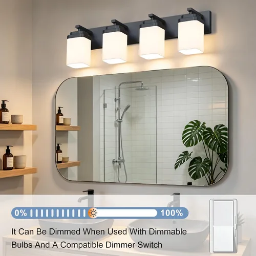Vista 4 de Lámparas de baño de oro cepillado, 4 luces de baño sobre el espejo, diseño cuadrado y placa trasera grande rectangular, accesorios de iluminación