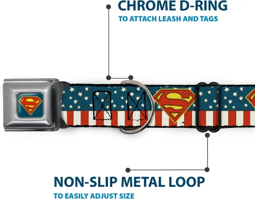 Vista 5 de Buckle-Down Collar de perro con hebilla de cinturón de seguridad, Superman Shield Americana Rojo/Blanco/Azul/Amarillo – 1 pulgada de ancho – Se