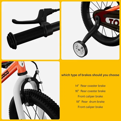 Vista 4 de lecoco Bicicleta infantil para niños y niñas, bicicleta infantil de 14, 16, 18 pulgadas, con ruedas de entrenamiento, frenos de pedal, freno de mano