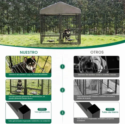 Vista 5 de Perrera para perros al aire libre de 4.5 x 4.5 x 4.9 pies con techo y soportes giratorios para tazones, recinto de metal grande para perros, casa