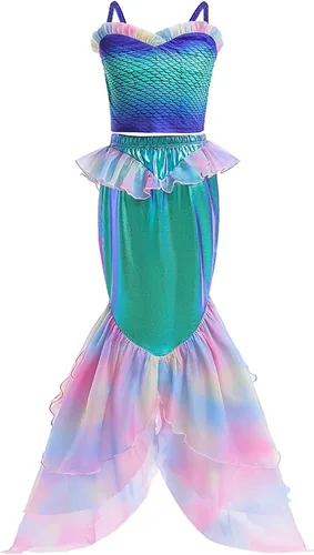 Vista 3 de Disfraz de sirena para niñas, disfraz de princesa para cumpleaños, cosplay, disfraces de Halloween con accesorios para peluca