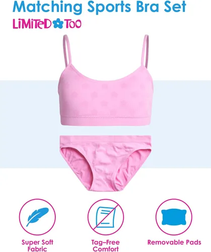 Vista 2 de Limited Too Conjunto de brasier de entrenamiento a juego para niñas, conjunto de 6 piezas de bralette deportivo sin costuras y calzón corto (S-L)