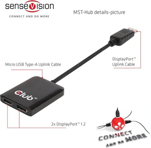 Vista 3 de Club3D CSV-6200 Multi Stream Transport (MST) DisplayPort a DisplayPort Multi Monitor Splitter - 2 puertos MST Hub - DP 1.2 a 2x DP MST Hub USB