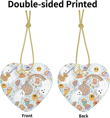 Vista 3 de Adornos de Navidad retro de los años 70, diseño de hongos groovy, arco iris, cerámica, adorno de Navidad, decoración de árbol de Navidad, regalos