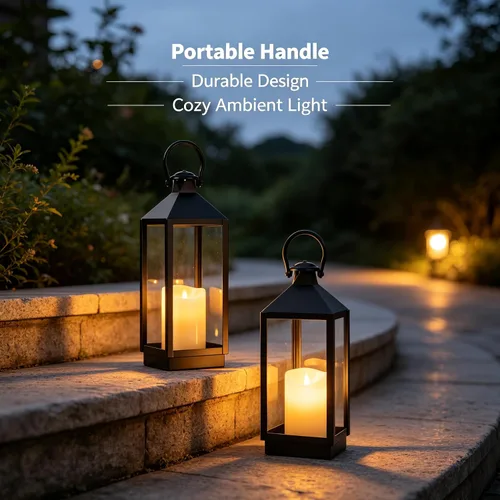 Vista 5 de 2 Pack Black Decorative Lantern Set 17 Inch and 13 Inch Metal Frame Lanterns with LED Flickering Candles for Indoor Outdoor Home Patio Decor