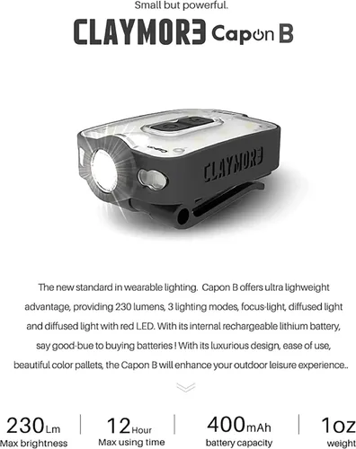 Vista 2 de Claymore Capon 40B Negro - Luz de Gorra con Clip - Lámpara frontal LED recargable USB-C de 230 LM, 3 modos de luz, haz ajustable de 180°, IP54