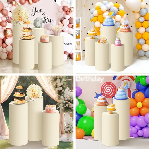 Vista 6 de SaitiMade Juego de 3 fundas para pedestal de cilindro beige, fundas de elastano para decoración de fiestas, bodas o eventos de cumpleaños, solo