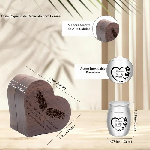 Vista 3 de Urnas pequeñas para cenizas, caja de recuerdo de madera en forma de corazón con ala de ángel, mini urnas de recuerdo de cremación, urna