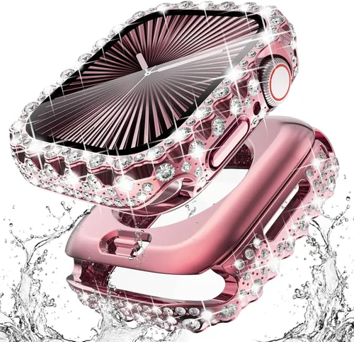 Vista 12 de Surace - Carcasa impermeable 2 en 1 para Apple Watch Series 6, 5, 4, SE de 1.575 pulgadas Lace Edge Diamond Protective Bumper Cover Built-in