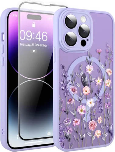 Vista 48 de Magnético para iPhone 13 con protector de pantalla [Compatible con MagSafe] Diseño de patrón floral de flores bonitas, funda delgada a prueba