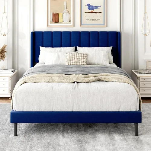 Vista 18 de Gruwans Base de cama de tamaño individual con cabecera tapizada con respaldo de ala, plataforma de fácil montaje, soporte de listones de madera,