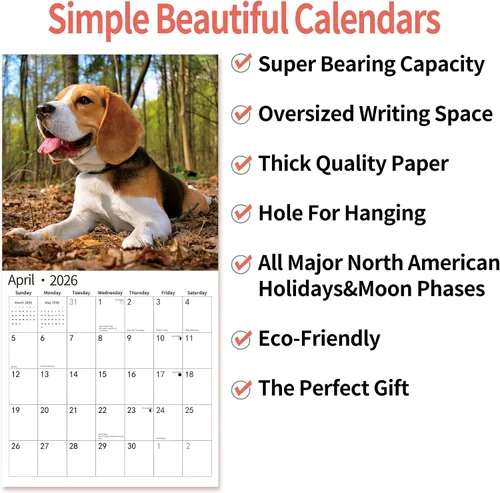 Vista 7 de Calendario de Pared 2026, Calendario 2026, noviembre de 2025 a diciembre de 2026, Calendario de Pared Beagles, 12" x 24" abierto, página completa