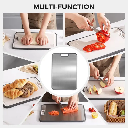Vista 6 de Tabla de cortar de acero inoxidable para cocina, tabla de cortar de doble cara de grado alimenticio, acero inoxidable 304/paja de trigo PP tabla