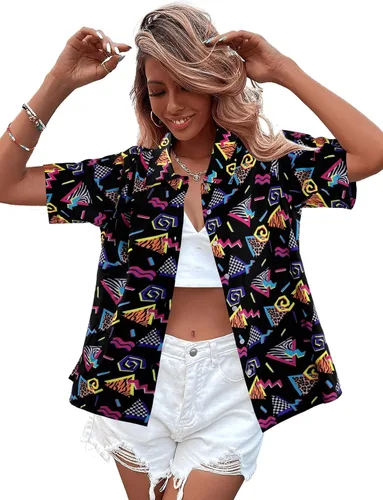 Vista 3 de Trajes de los años 80 y 90 para mujer, camisa de discoteca retro para fiesta temática de los años 80, camisa hawaiana de neón con botones y manga