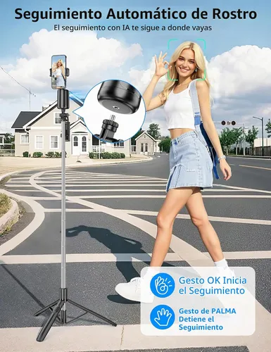 Vista 3 de Trípode de seguimiento facial automático de 66 pulgadas para iPhone, rotación de 360°, soporte de trípode con control remoto, soporte de disparo