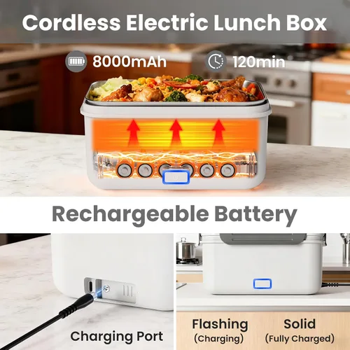 Vista 2 de Herrfilk Fiambrera eléctrica inalámbrica para adultos, calentador de alimentos portátil recargable de 1.8 L/61 onzas, lonchera 4 en 1 calentada