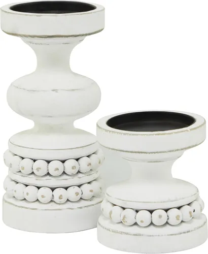 Vista 6 de Deco 79 - Portavelas decorativo de madera con cuentas, soporte de vela de pilar, juego de 2 portavelas, 8 pulgadas, 4 pulgadas de alto, blanco
