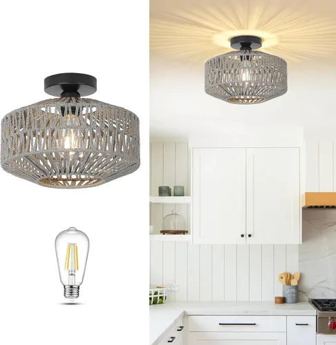 Vista 2 de Lámpara bohemia para techo, lámpara de techo de ratán con bombilla LED regulable, mini lámpara de araña tejida a mano para pasillo, dormitorio Gris