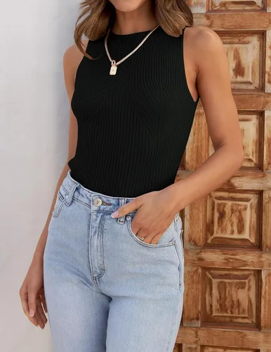Vista 8 de ZESICA Camisetas sin mangas acanaladas para mujer, de verano, sin mangas, cuello alto, casual, ajustadas, básicas, de punto