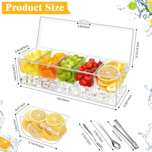 Vista 2 de Servidor de condimentos de 5 compartimentos, recipientes de condimentos enfriados con hielo, bandeja transparente para servir condimentos sobre