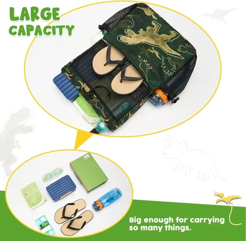 Vista 3 de WAWSAM Mochila con cordón para niños - Bolsa de malla con cordón para niños, Dinosaurio verde oscuro, Dinosaurio
