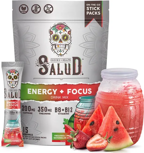Vista 14 de Salud 2-en-1 Polvo para Bebida Energética + Enfoque, Sabor Cereza Lima, Cafeína Orgánica, B6 + B12, Teanina, Paquetes de Bebida Energética Limpia