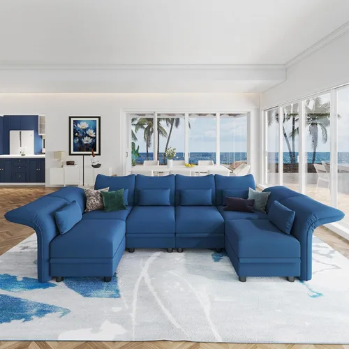 Vista 24 de LLappuil Sofá modular de terciopelo en forma de L con almacenamiento, sofá moderno de 5 plazas de 127.8 pulgadas con diván, sofás reclinables de Azul