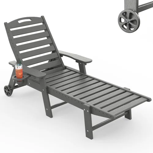 Vista 31 de Tumbona al aire libre, silla de descanso al aire libre con textura de madera, respaldo ajustable de 5 posiciones, silla de salón de polietileno