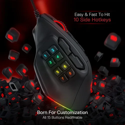 Vista 6 de Redragon M811 Aatrox - Ratón para juegos MMO, 15 botones programables con cable RGB con agarre natural ergonómico, 10 teclas macro laterales