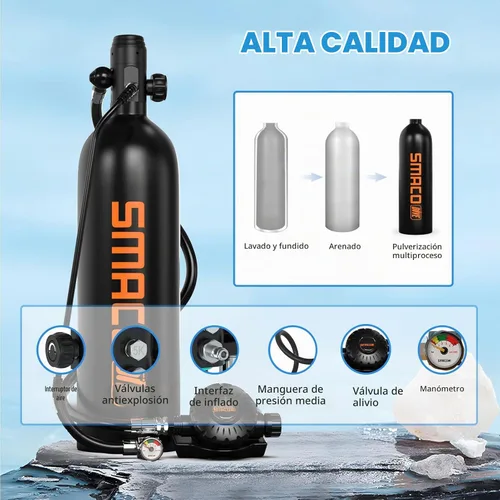 Vista 4 de SMACO Mini tanque de buceo para buceo en aguas poco profundas 1.9L Kit de tanque de buceo de cilindro de buceo proporciona 25-30 minutos de apoyo