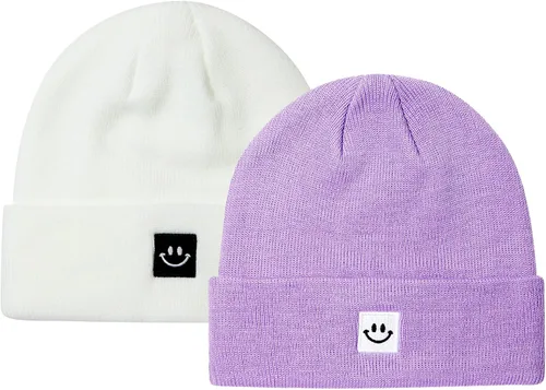 Vista 2 de MaxNova Gorro para mujer y hombre, diseño de cara sonriente, gorro de invierno, 2 paquetes